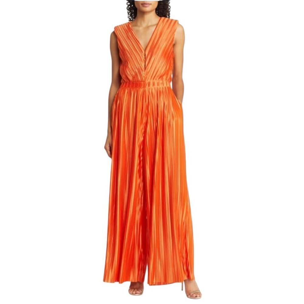 Btfl Life Thena Sleeveless Pleated Satin Jumpsuit Size Medium Orange Wide Leg
